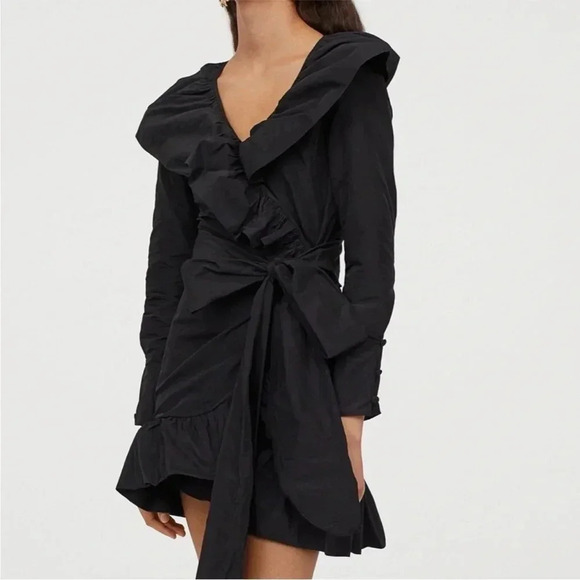SANDRA MANSOUR X H&M Black Mini Ruffled Wrap Taffeta Dress Long Sleeve XXL - Picture 4 of 14